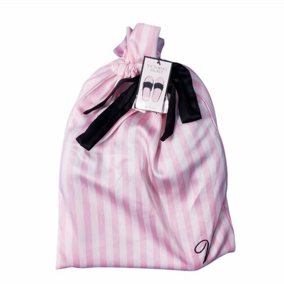 VICTORIA'S SECRET SIGNATURE SATIN SLIPPERS PINK STRIPE WITH FAUX FUR SLIPPER - Picture 6 of 13